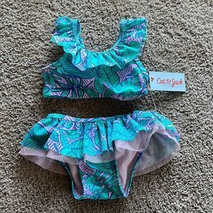 NWT Cat & Jack Toddler Size 2T 2 piece swim suit bamboo print purple aqua blue